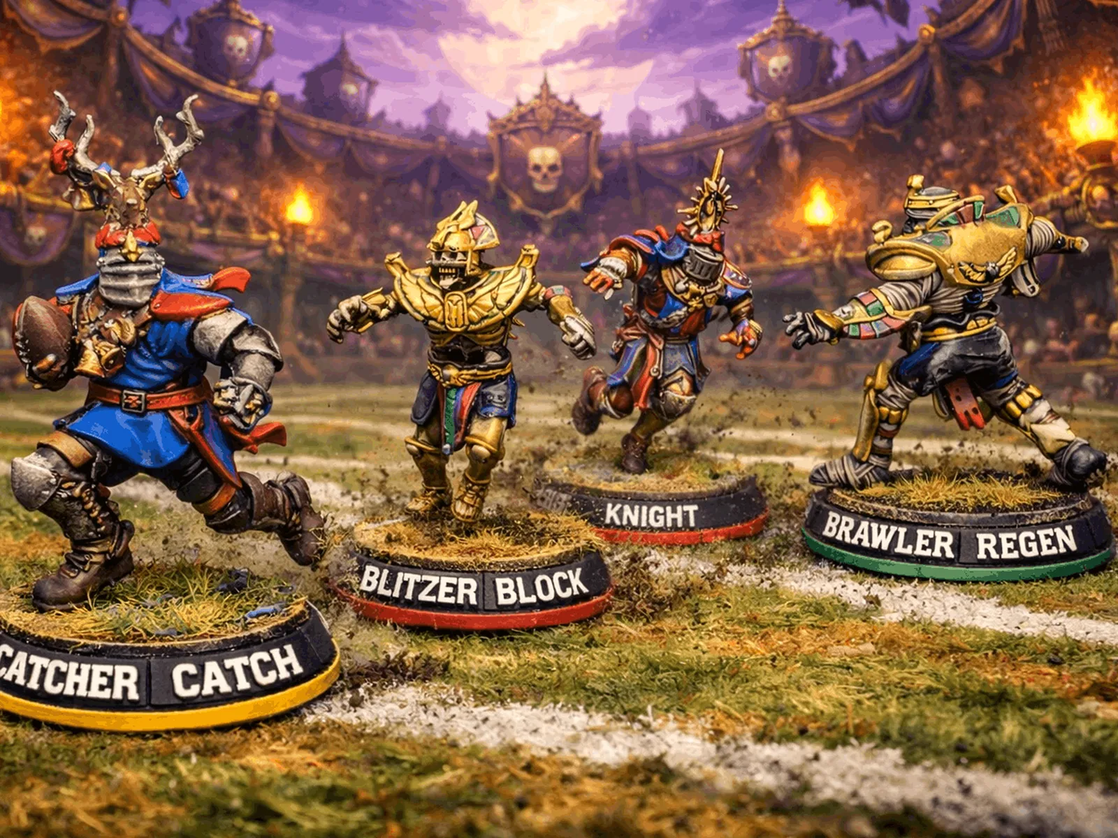 A finished team of painted miniatures on Blitz Bases with names and skill tags