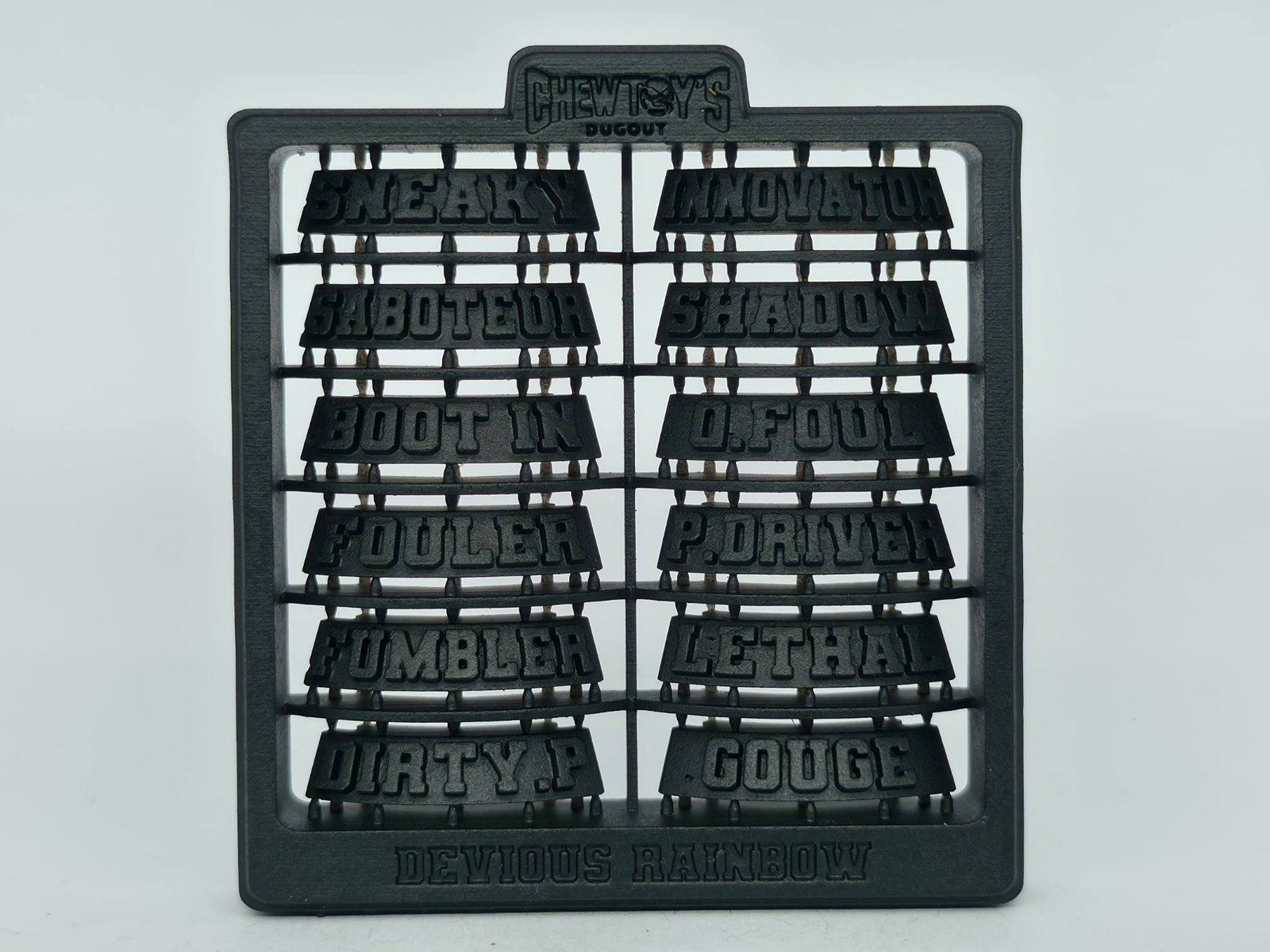 A printed sprue of magnetic skill tags in team colours