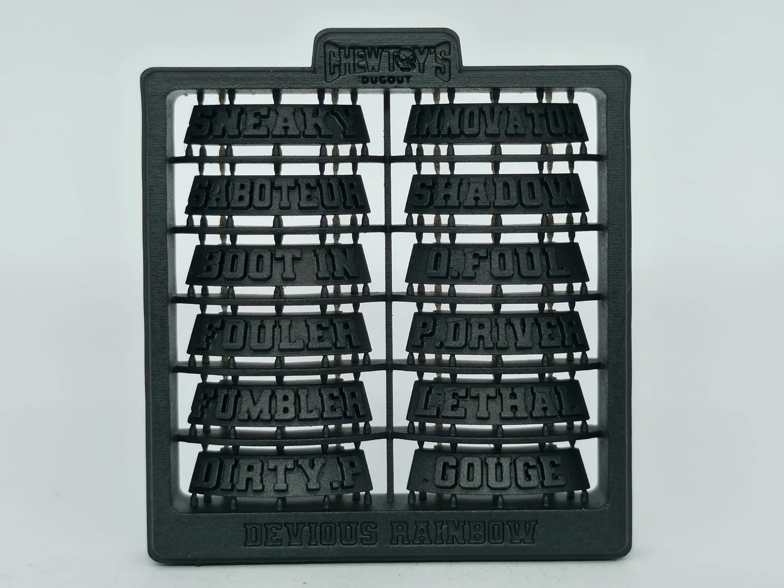 A printed sprue of skill tags ready to snap onto Blitz Bases