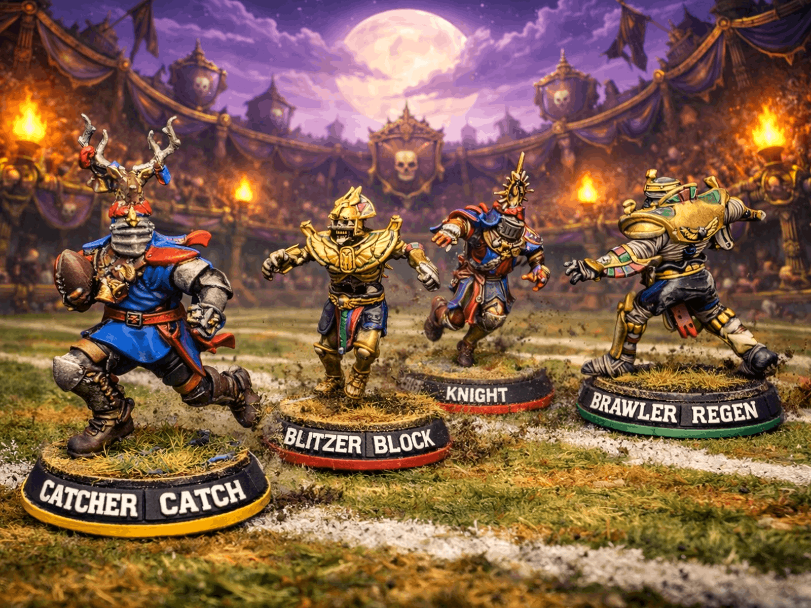 Custom-labelled fantasy football bases on a torch-lit pitch