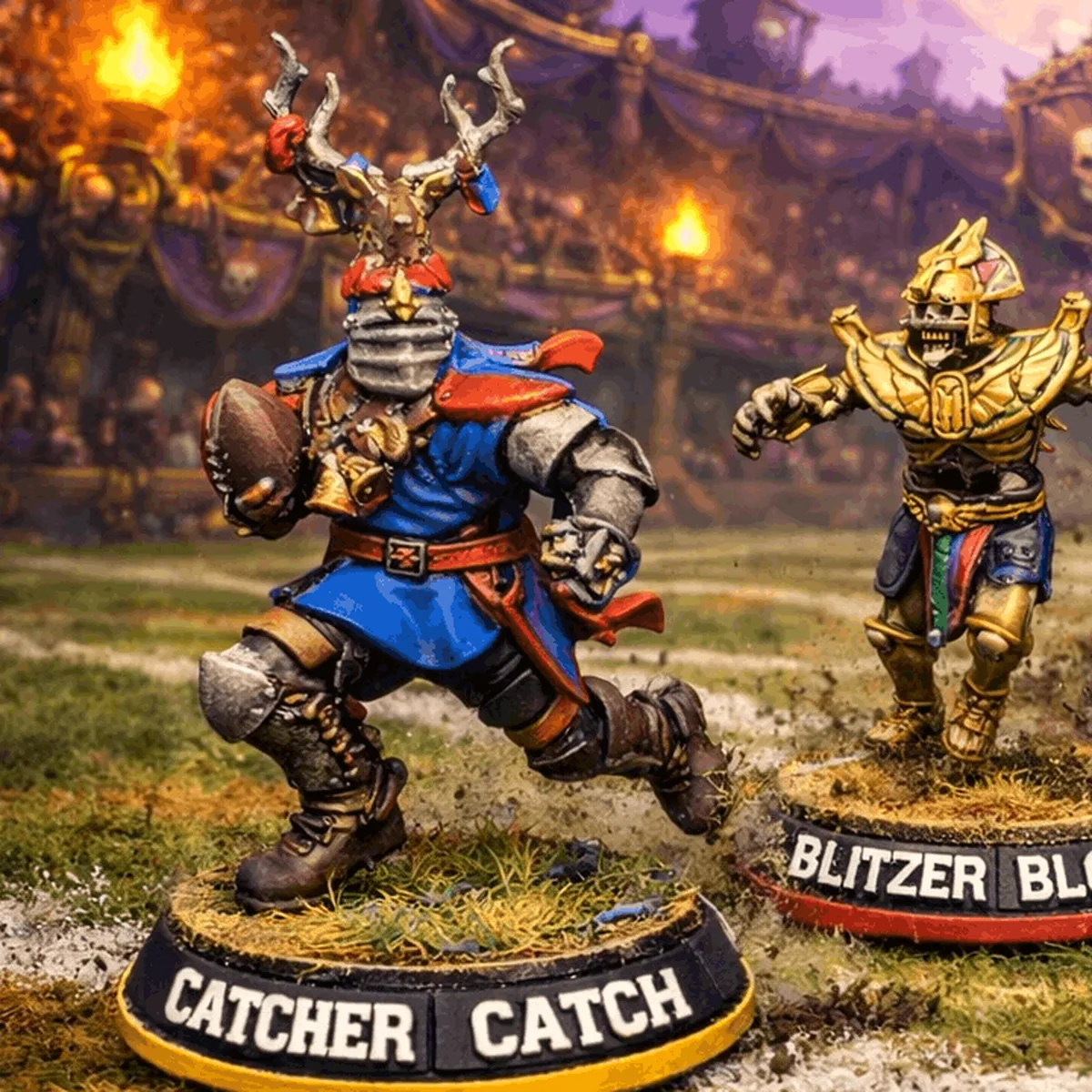 Close-up of two painted miniatures on Blitz Bases showing the name and skill tag rims