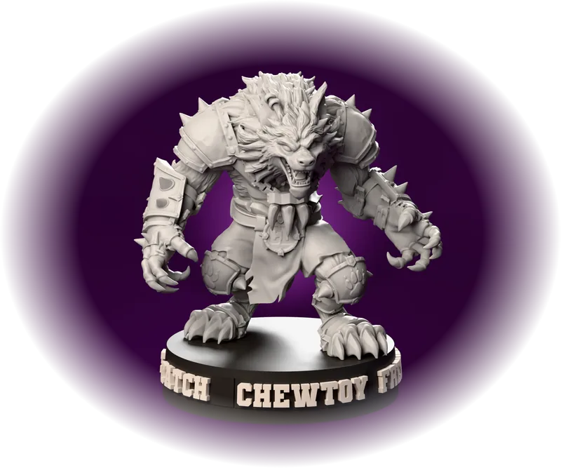 Chewtoy the werewolf standing on his Blitz Base, with skill tags clipped into the rim