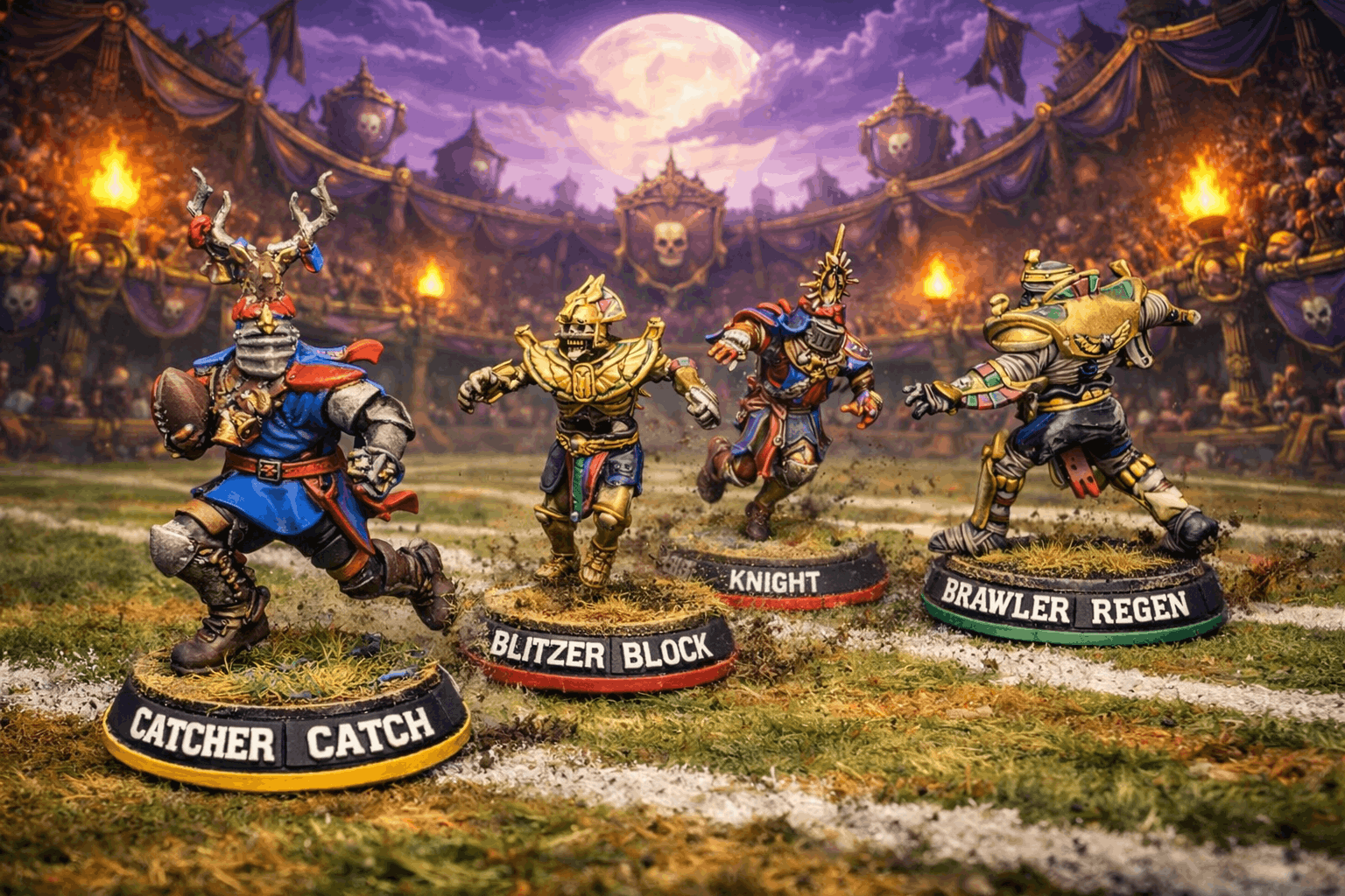 A painted fantasy football team on labelled magnetic Blitz Bases