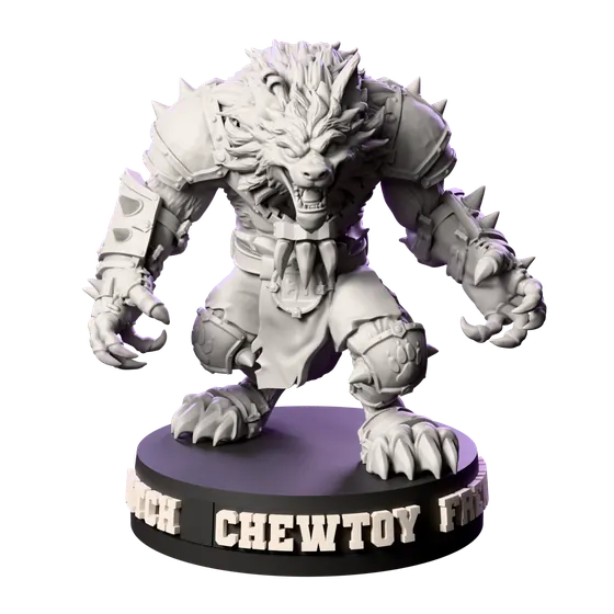 Chewtoy the werewolf standing on his finished Blitz Base, with his number, name and skill tags clipped into the rim