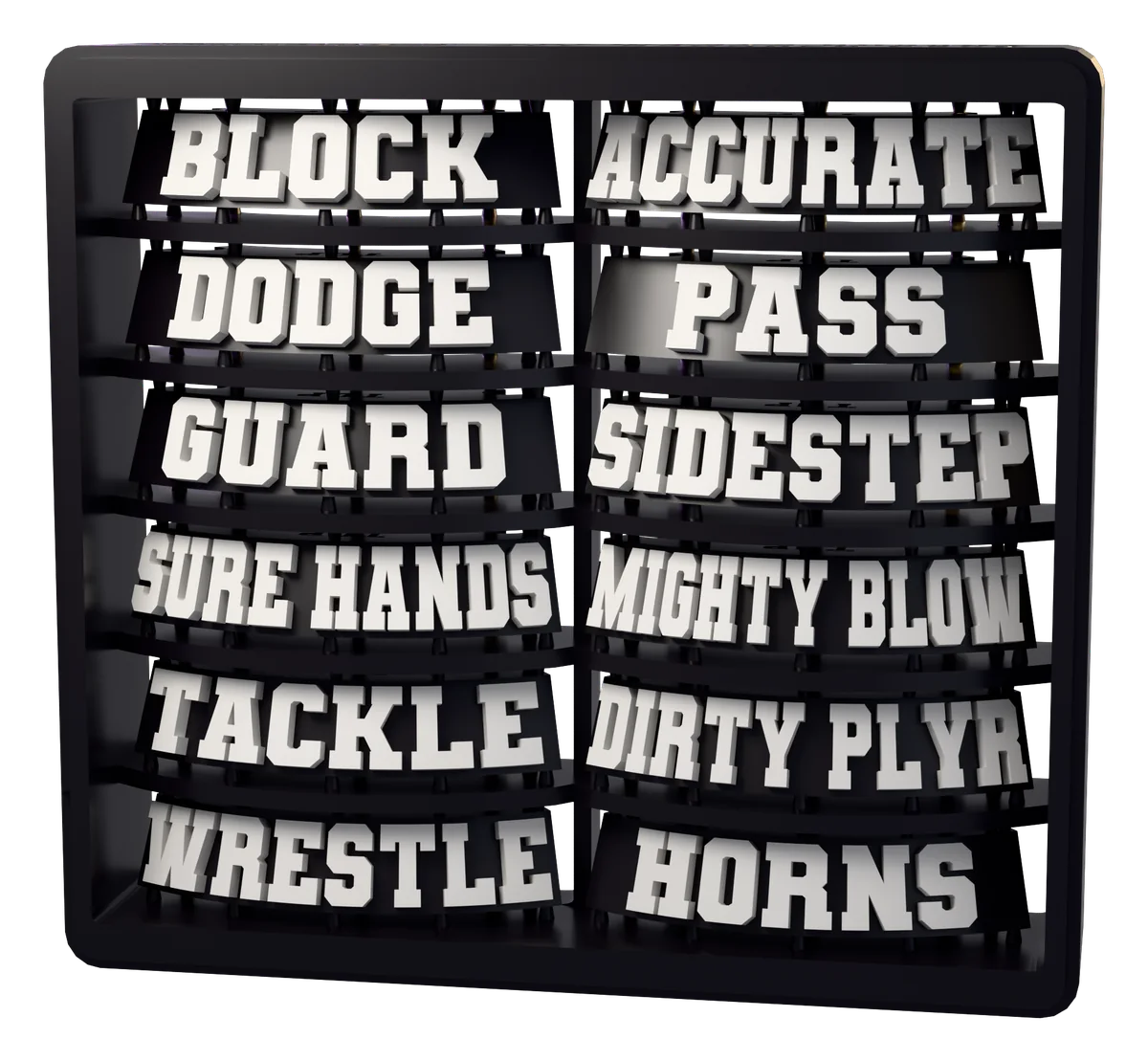 The All-Rounder League Pack sprue as it is printed, tag for tag. Lettering shown white; supplied unpainted.