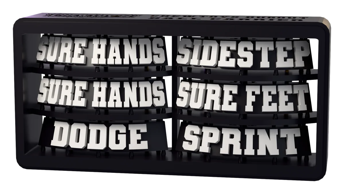 The Ball Carrier Core sprue as it is printed, tag for tag. Lettering shown white; supplied unpainted.