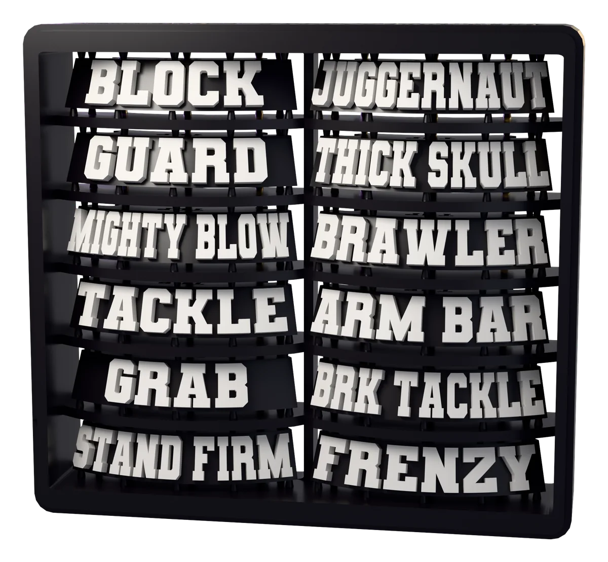 The Bash League Pack sprue as it is printed, tag for tag. Lettering shown white; supplied unpainted.
