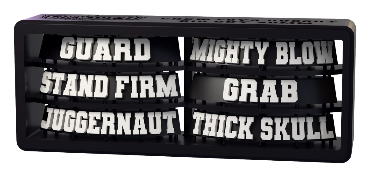 The Big Guy Toolkit (40mm) sprue as it is printed, tag for tag. Lettering shown white; supplied unpainted.