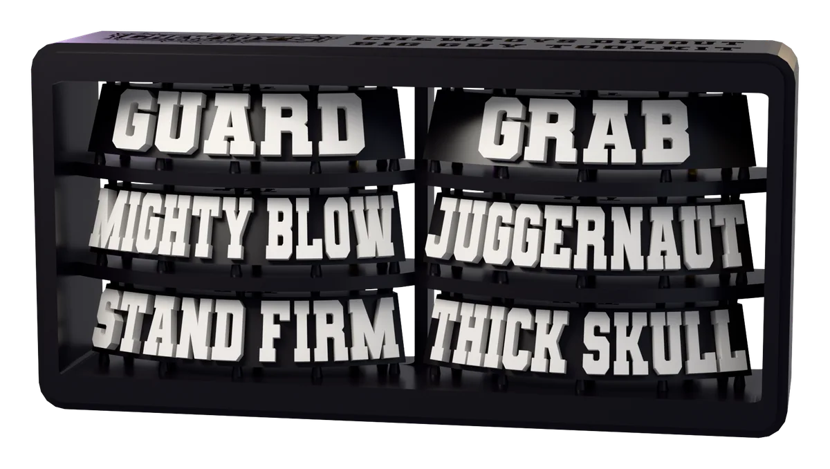 The Big Guy Toolkit sprue as it is printed, tag for tag. Lettering shown white; supplied unpainted.