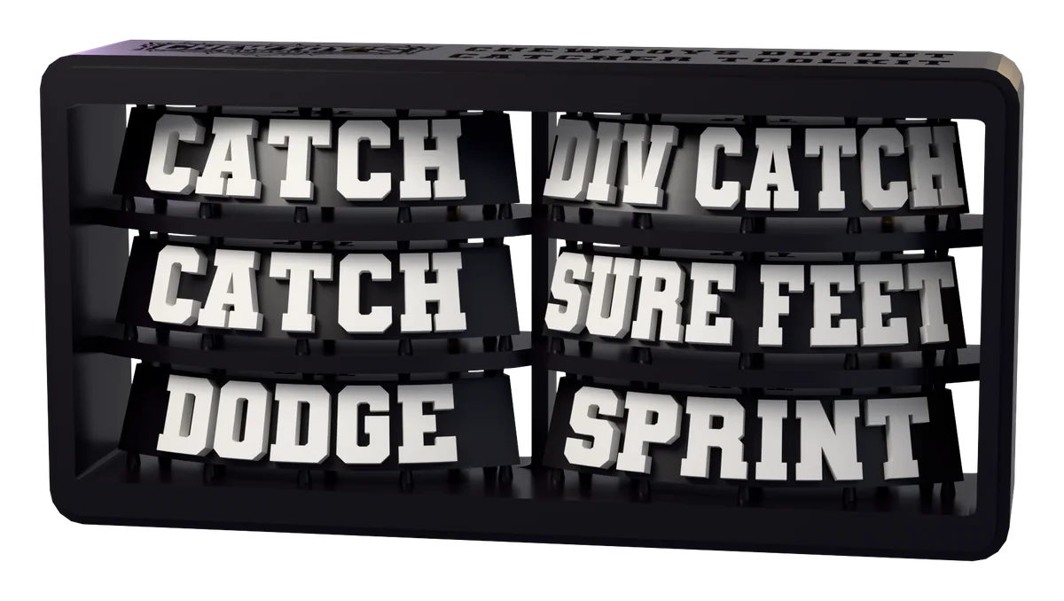 The Catcher Toolkit sprue as it is printed, tag for tag. Lettering shown white; supplied unpainted.