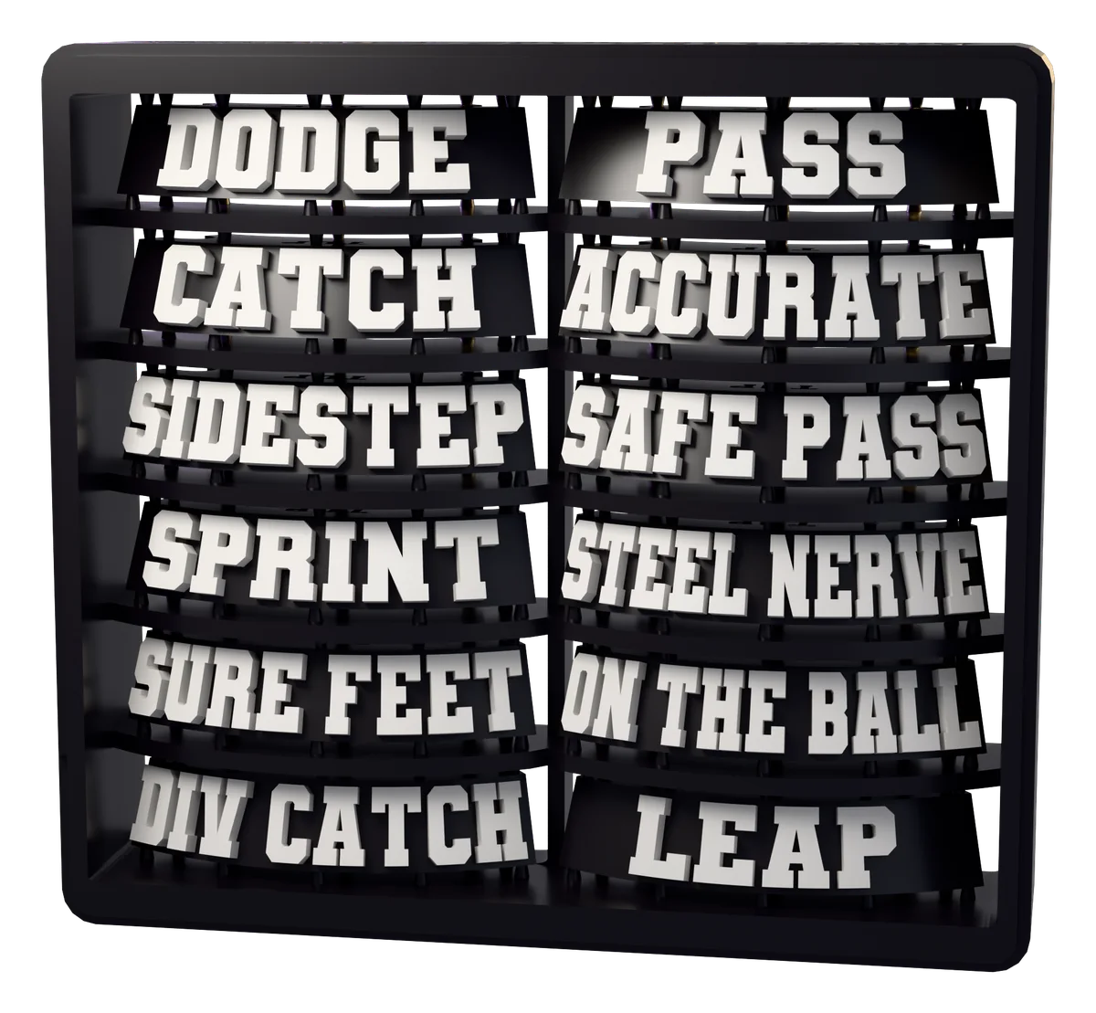 The Elf Ball Pack sprue as it is printed, tag for tag. Lettering shown white; supplied unpainted.