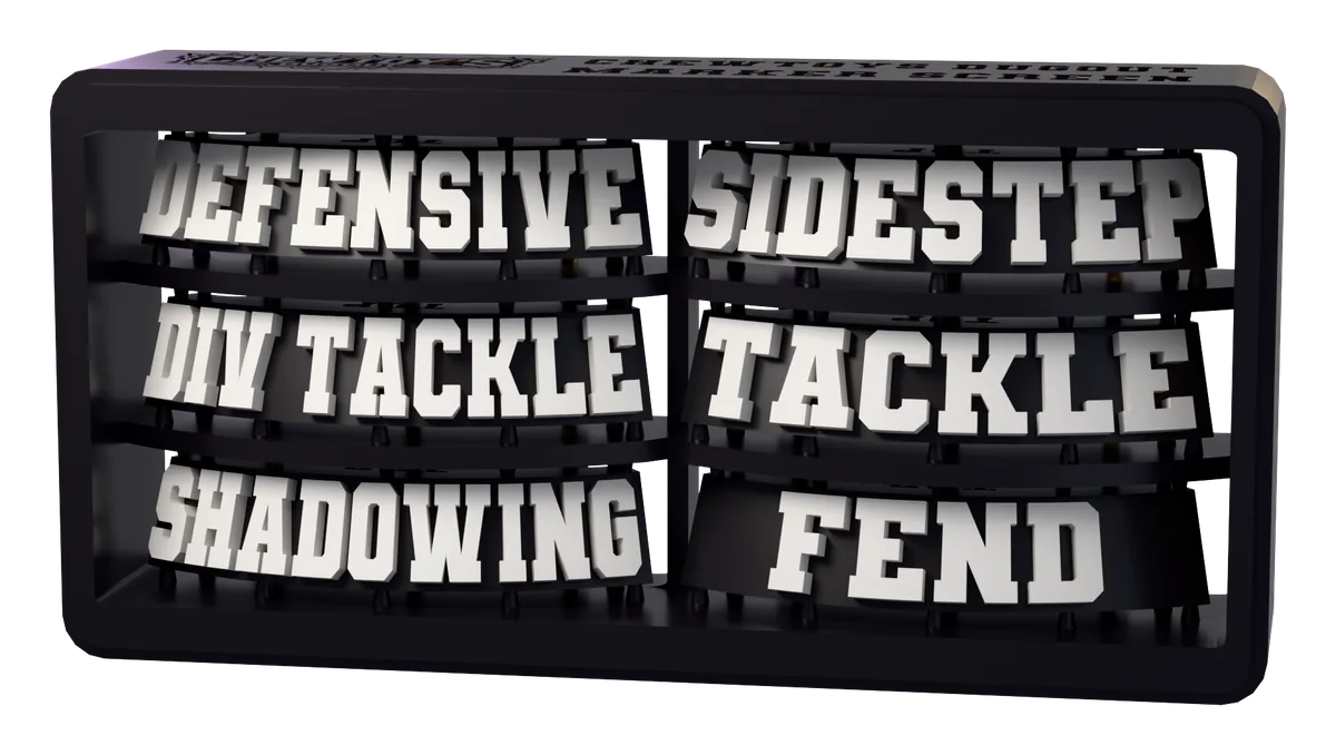 The Marker Screen Pack sprue as it is printed, tag for tag. Lettering shown white; supplied unpainted.