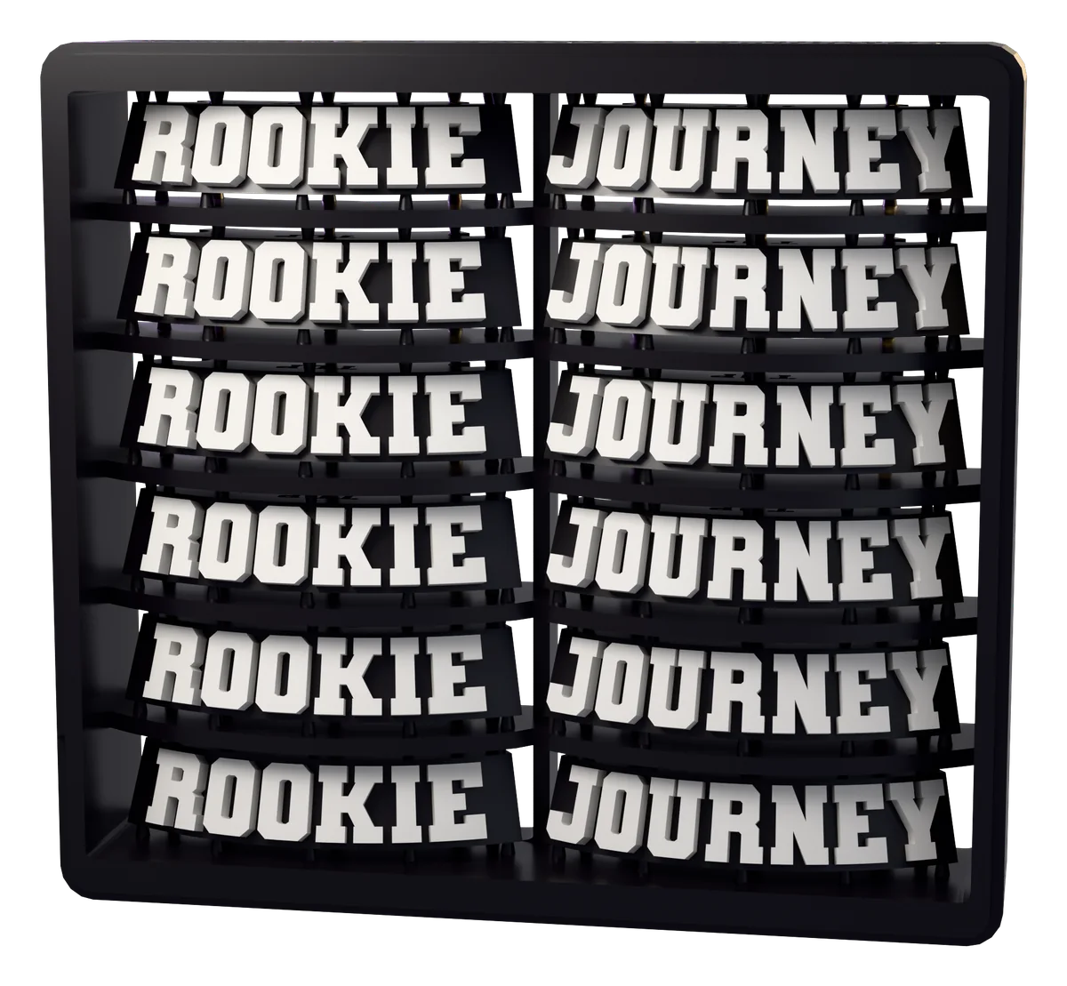 The Rookie / Journey Split sprue as it is printed, tag for tag. Lettering shown white; supplied unpainted.