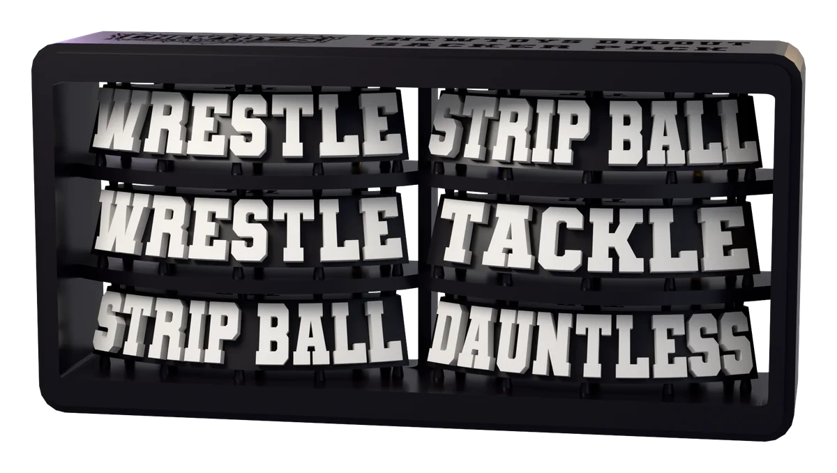 The Sacker Pack sprue as it is printed, tag for tag. Lettering shown white; supplied unpainted.