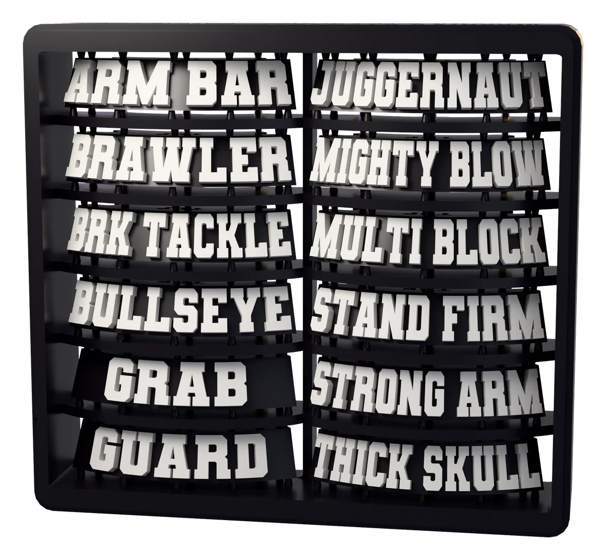 The Strength Rainbow sprue as it is printed, tag for tag. Lettering shown white; supplied unpainted.