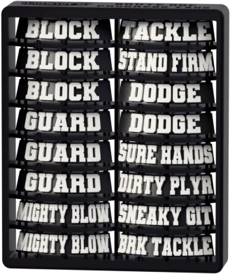 A sprue of sixteen skill tags, BLOCK, TACKLE, GUARD and the rest, rendered as it prints