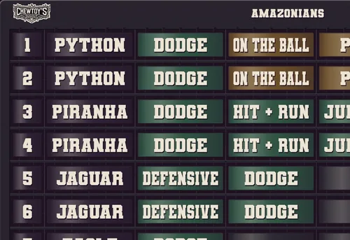 The Blitz Builder roster: each player row with a number, a name and skill tags, drawn as the sprue that prints