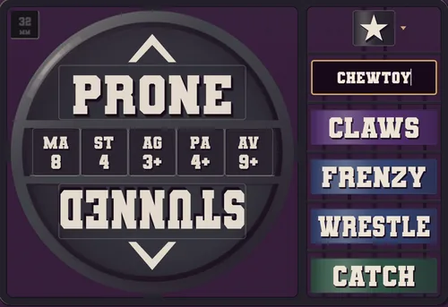The Star Builder card: the PRONE and STUNNED marker, the stat line, the name CHEWTOY and four skill tags